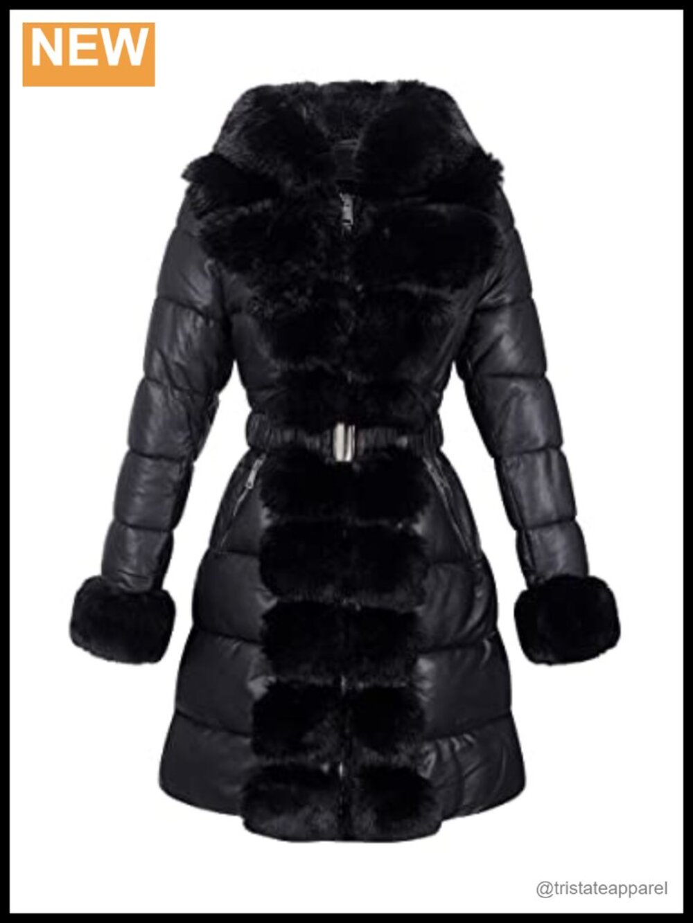 Women's Quilted Puffer Coat with Fur Trim Hooded PU Leather Winter Parka
